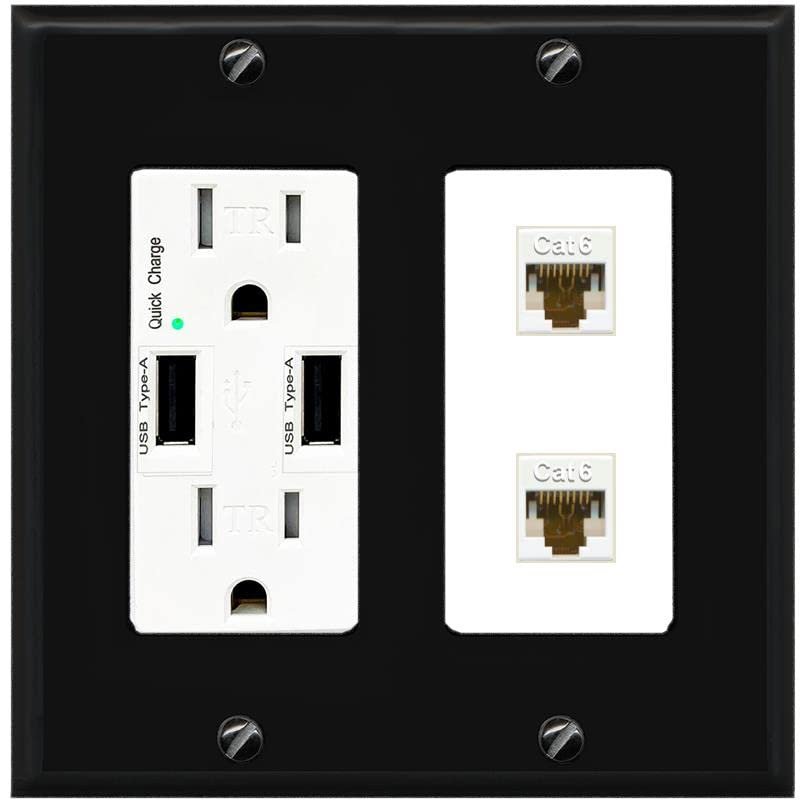 RiteAV 2 Port Cat6 Ethernet Wall Plate - USB Charger [Black/White]