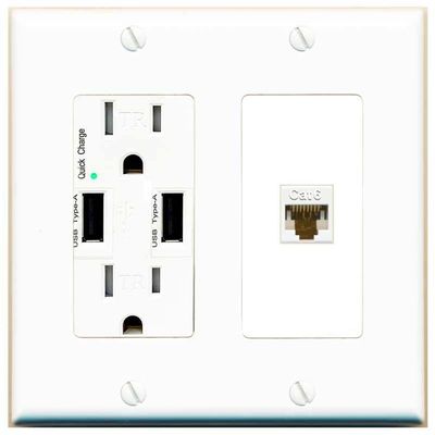 RiteAV 1 Port Cat6 Ethernet Wall Plate Female-Female - USB Charger Outlet [White/White]