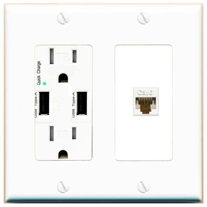 RiteAV 1 Port Cat6 Ethernet Wall Plate Female-Female - USB Charger Outlet [White/White]