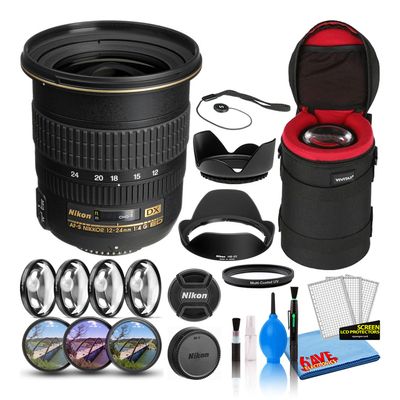 Nikon AF-S DX Zoom-NIKKOR 12-24mm f/4G IF-ED Lens (2144) with Padded Lens Case + Macro Filter Kit + UV, CPL, FL Lens Filters + Tulip Hood + Lens Cap Keeper + Cleaning Kit (Renewed)