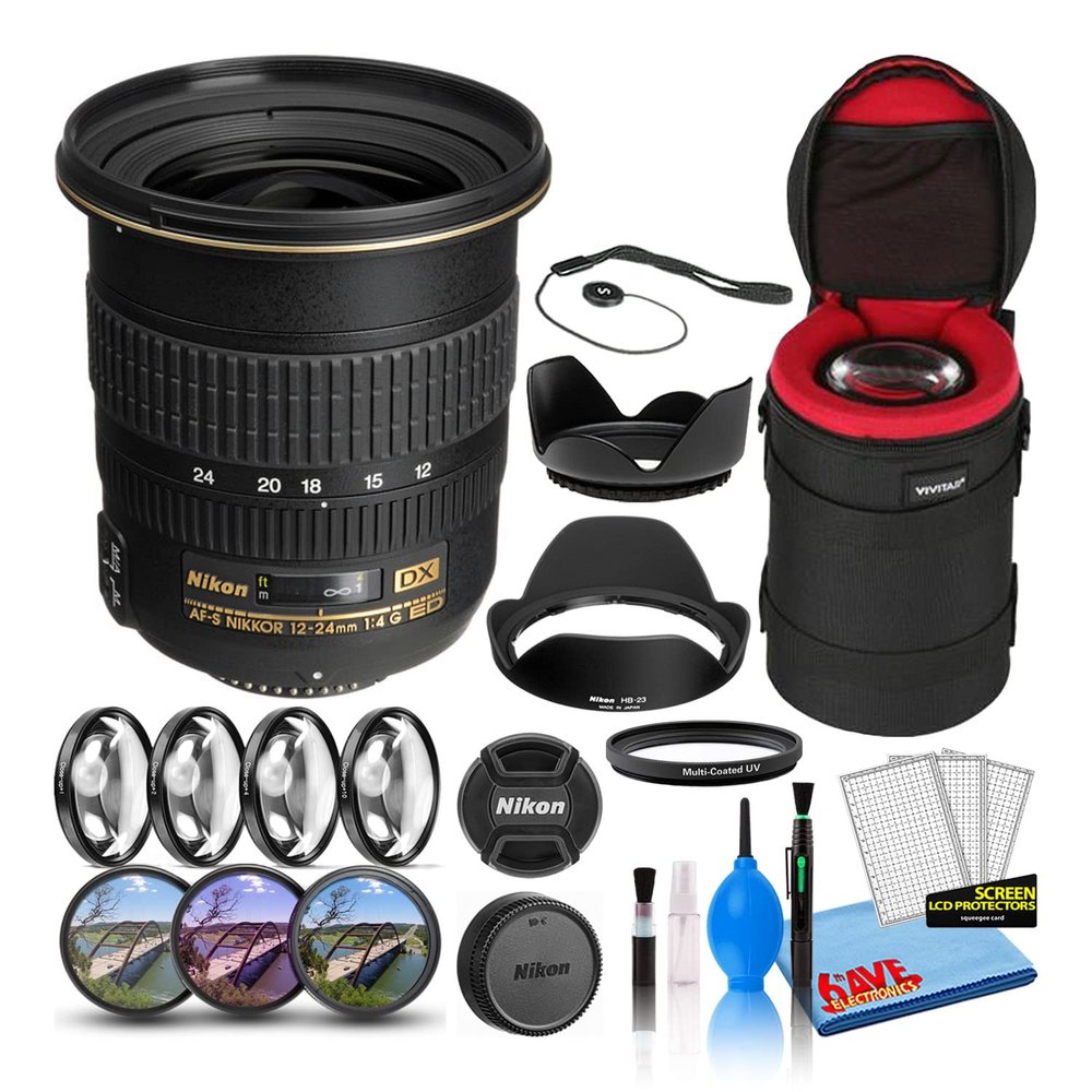 Nikon AF-S DX Zoom-NIKKOR 12-24mm f/4G IF-ED Lens (2144) with Padded Lens Case + Macro Filter Kit + UV, CPL, FL Lens Filters + Tulip Hood + Lens Cap Keeper + Cleaning Kit (Renewed)