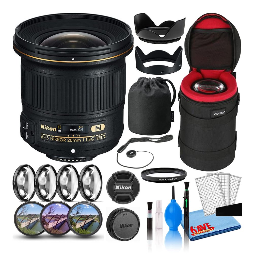 Nikon AF-S NIKKOR 20mm f/1.8G ED Prime Lens (20051) with Padded Lens Case + Macro Filter Kit + UV, CPL, FL Lens Filters + Tulip Hood + Lens Cap Keeper + Cleaning Kit (Renewed)
