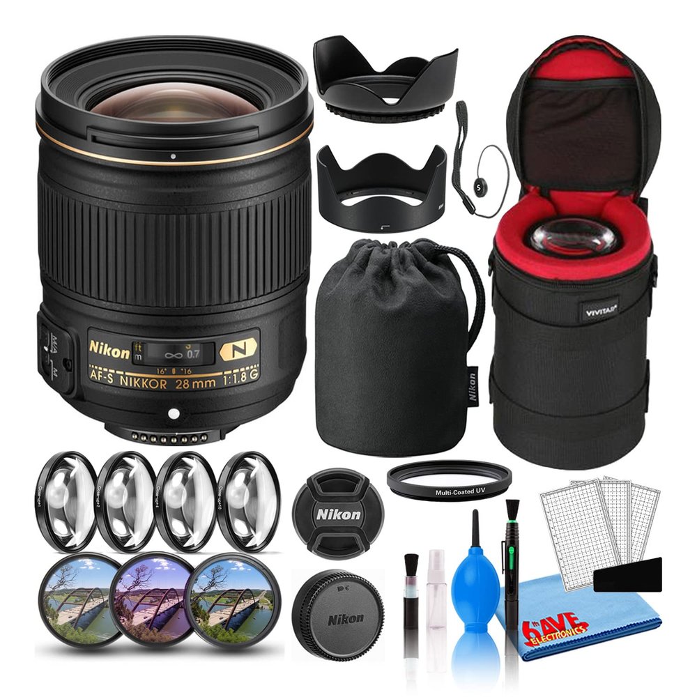 Nikon AF-S NIKKOR 28mm f/1.8G Wide-Angle Prime Lens (2203) with Padded Lens Case + Macro Filter Kit + UV, CPL, FL Lens Filters + Tulip Hood + Lens Cap Keeper + Cleaning Kit (Renewed)