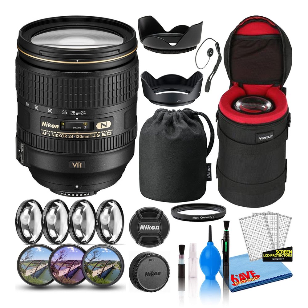 Nikon AF-S NIKKOR 24-120mm f/4G ED VR Zoom Lens (2193) with Padded Lens Case + Macro Filter Kit + UV, CPL, FL Lens Filters + Tulip Hood + Lens Cap Keeper + Cleaning Kit (Renewed)