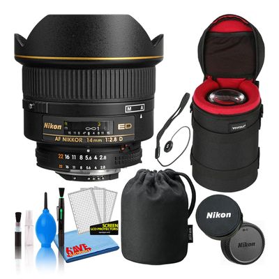 Nikon AF NIKKOR 14mm f/2.8D ED Wide-Angle Prime Lens (1925) with Padded Camera Lens Case + Lens Cap Keeper Holder + Deluxe Camera Lens Cleaning Kit + More (Renewed)