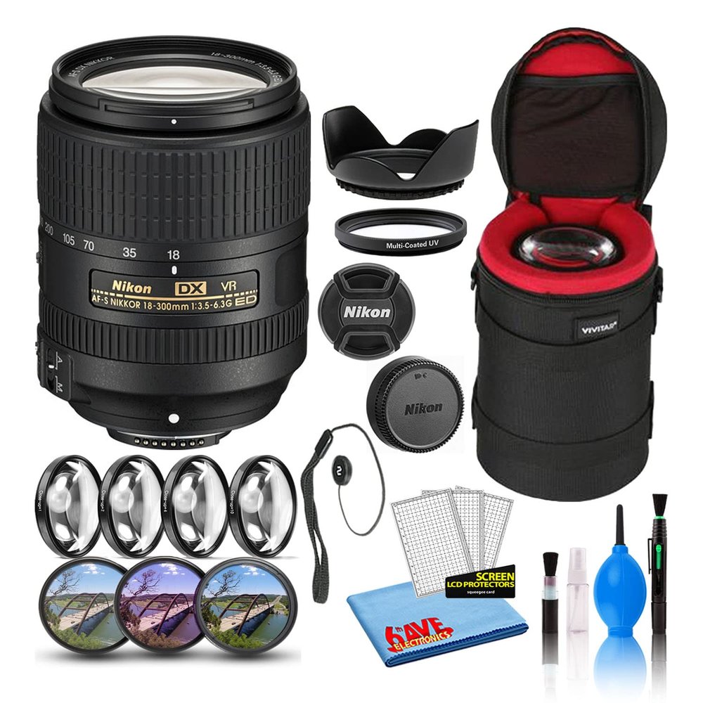 Nikon AF-S DX NIKKOR 18-300mm f/3.5-6.3G ED VR Lens (2216) with Padded Lens Case + Macro Filter Kit + UV, CPL, FL Lens Filters + Tulip Hood + Lens Cap Keeper + Cleaning Kit (Renewed)
