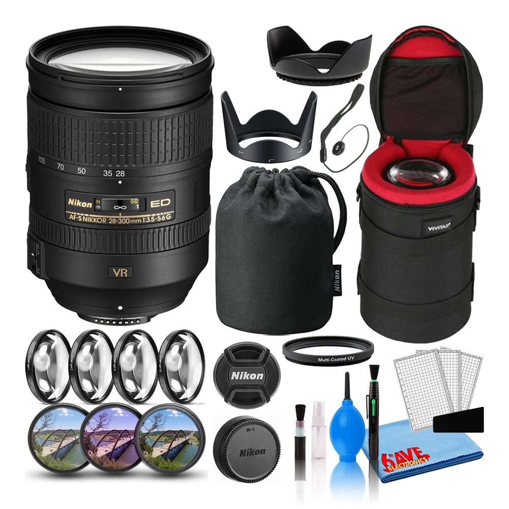 Nikon AF-S NIKKOR 28-300mm f/3.5-5.6G ED VR Lens (2191) with Padded Lens Case + Macro Filter Kit + UV, CPL, FL Lens Filters + Tulip Hood + Lens Cap Keeper + Cleaning Kit (Renewed)