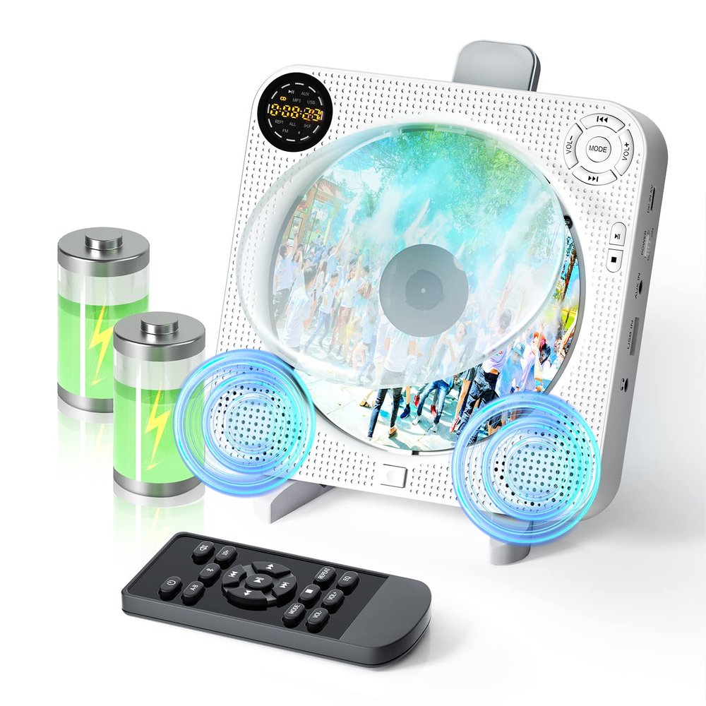 Desobry Portable Bluetooth CD Player with Speakers Wall CD Player for Home with Remote Control FM Radio Digital Screen Headphone Jack Support AUX