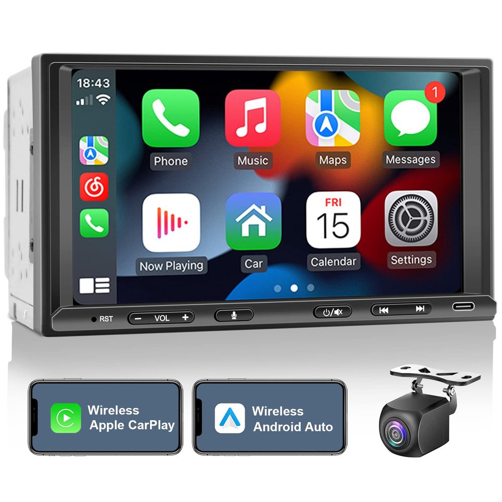 Double Din Car Stereo Radio Wireless CarPlay Wireless Android Auto, 7in Touchscreen Car Audio Receiver with Bluetooth,Rearview Camera,AM/FM, GPS Navigation,Mirror Link,Subwoofer,USB/AUX/SWC