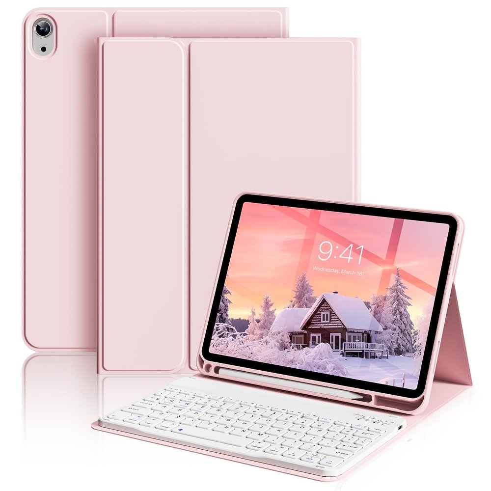 aoub Keyboard Case for iPad (A16) 11th Gen 11 Inch 2025, iPad 10th Generation 10.9 inch 2022 with Pencil Holder, Stand Folio Detachable Wireless Bluetooth Rechargeable Keyboard, Pink