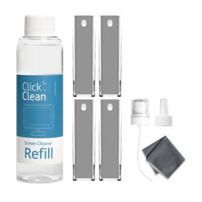 Click Clean Screen Cleaner Kits - 4 All-in-One Screen Cleaner with 4 oz Cleaner Refill, 1 Microfiber Cloth(7.8 x 7.8in), 1 Mini Refill Funnel, and 1 Sprayer - for All Phones, Laptop and Tablet Screens