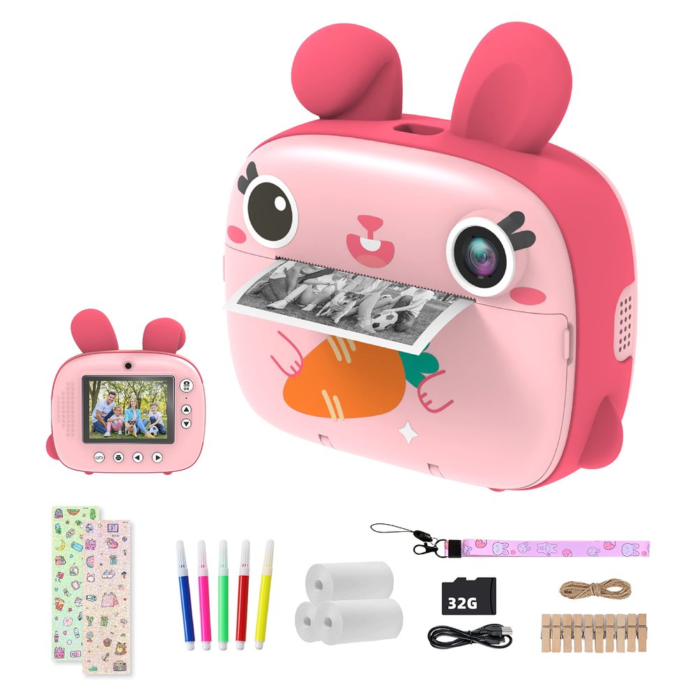 CAMCLID Kids Instant Camera - 2.5K Instant Print Camera with No Ink, 32GB Card, Selfie & 1080P Video, Pink Toy Gift for Girls & Boys 3-12