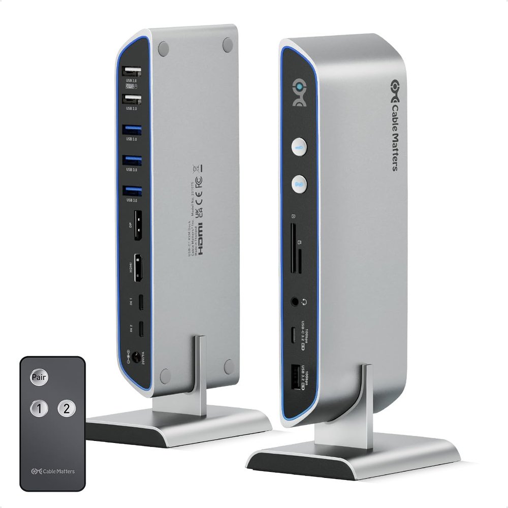 Cable Matters 14-in-1 USB C KVM Switch Dock for 2 Laptops, Supports Dual 4K 60Hz Over DisplayPort & HDMI, Up to 100W Charging, 10Gbps USB-A/USBC Port, Not for Desktop, Thunderbolt 4 Compatible