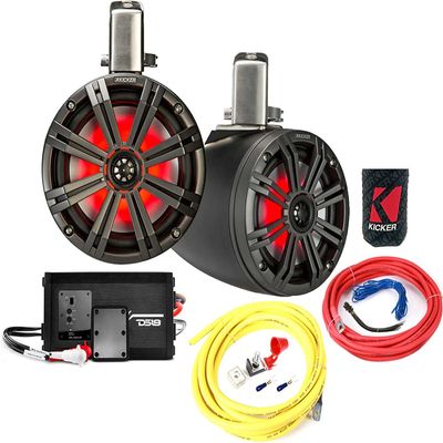KICKER Speakers and Amp Package 8" Wakeboard Tower Speakers (Charcoal) with DS18 320W 2-Channel Marine Amplifier and 8AWG Power Wiring Kit