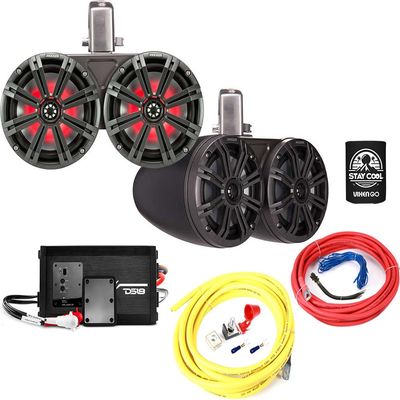 KICKER Speakers and Amp Package 6-1/2" Wakeboard Tower Speakers (Charcoal) with DS18 320W 2-Channel Marine Amplifier and 8AWG Power Wiring Kit