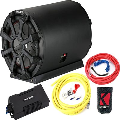 KICKER Subwoofer and Amp Package of 3 Items - 8" TB 600 Watt Loaded Subwoofer Enclosure 2-ohm, Class D Monoblock Amplifier, and 8AWG Power Wiring Kit