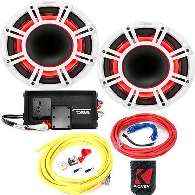 KICKER Speakers and Amp Package 8" Horn-Loaded Coaxial Speakers (White) with DS18 320W 2-Channel Marine Amplifier and 8AWG Power Wiring Kit