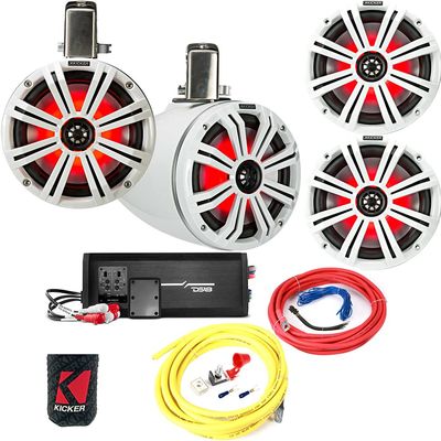 KICKER Speakers and Amp Package 8" Marine LED Speakers (White) with 8" Coaxial Speakers, DS18 850W 4-Channel Marine Amplifier and 4AWG Power Wiring Kit