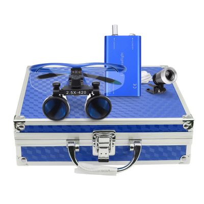 MrHugoo Portalbe 2.5X 420mm Optical Glass Binocular Loupes with 1W LED Head Light and Aluminum Box (Blue)