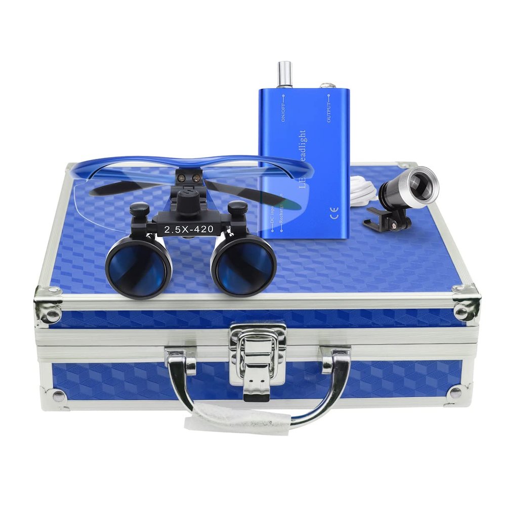 MrHugoo Portalbe 2.5X 420mm Optical Glass Binocular Loupes with 1W LED Head Light and Aluminum Box (Blue)