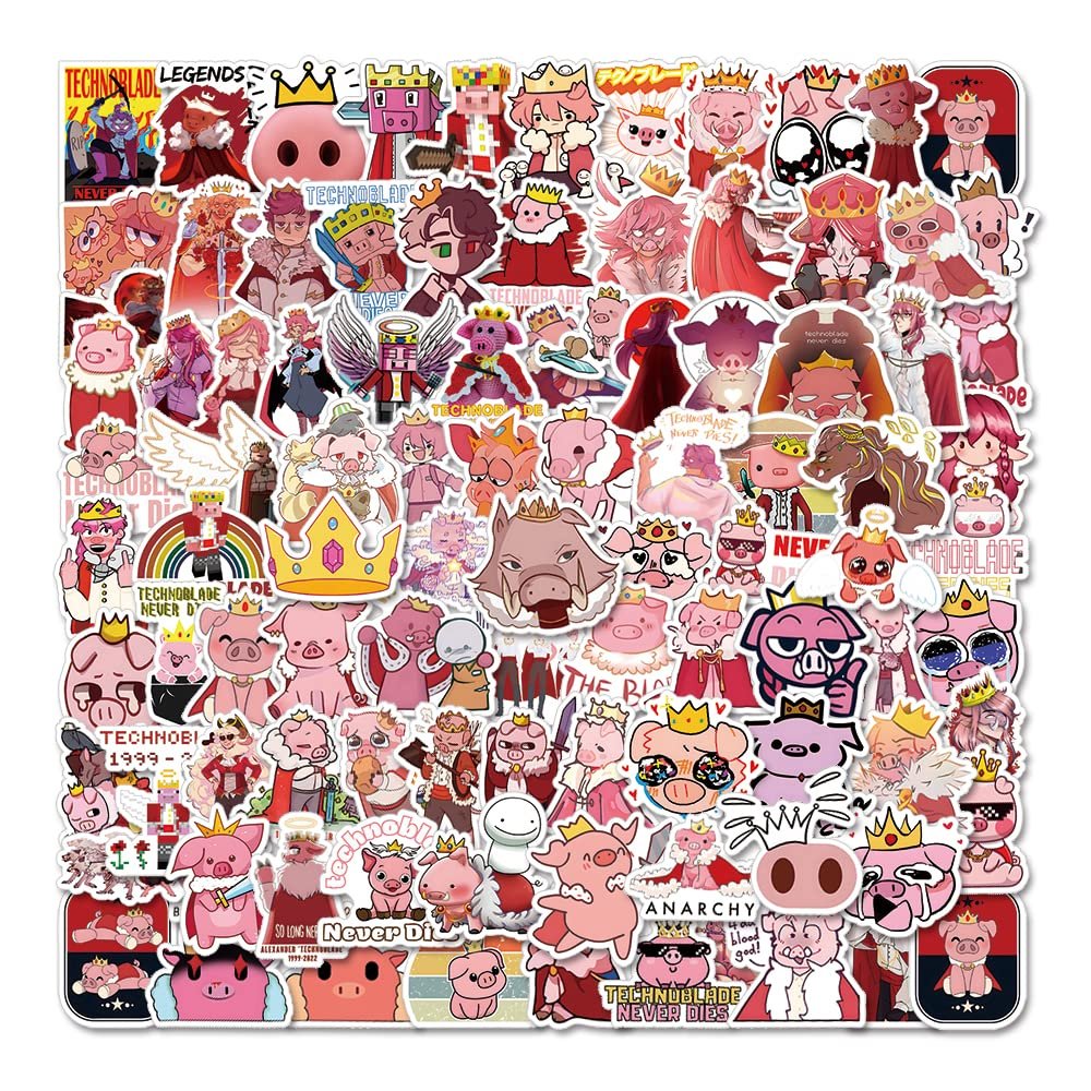 100Pcs Technoblades Game Pink Pig Cute Vinyl Cartoon Stickers for Water Bottles Laptop Phone Journaling for Birthday Party Supplies Halloween Decoration Favors