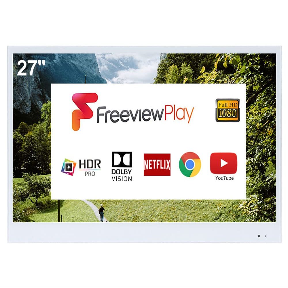 elecsung 27 inch Smart White TV for Bathroom,1080P Waterproof TV ATSC Tunner Android 11.0 for Hotel/Kitchen,Built-in Speakers,Wi-fi and Bluetooth,W27,Model 2024