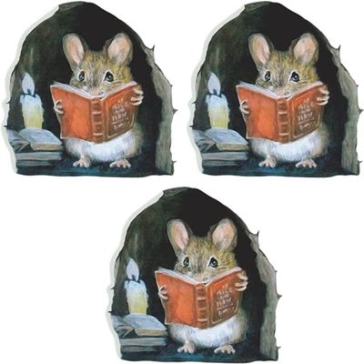3Pcs 3D Realistic Mouse Wall Stickers, Mouse Reading Book Wall Decals Decor, Removable Wall Art Murals for Living Room Nursery Bedroom Kids Room Home Decorations