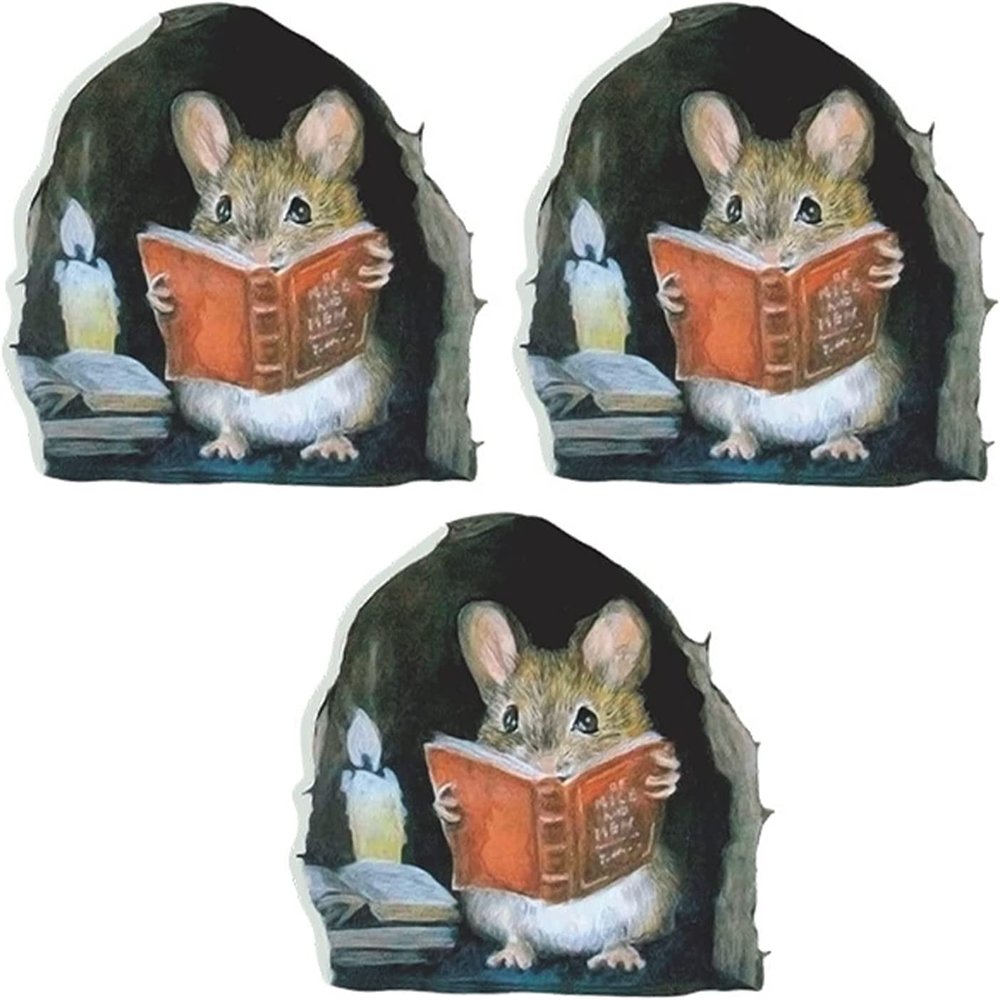 3Pcs 3D Realistic Mouse Wall Stickers, Mouse Reading Book Wall Decals Decor, Removable Wall Art Murals for Living Room Nursery Bedroom Kids Room Home Decorations