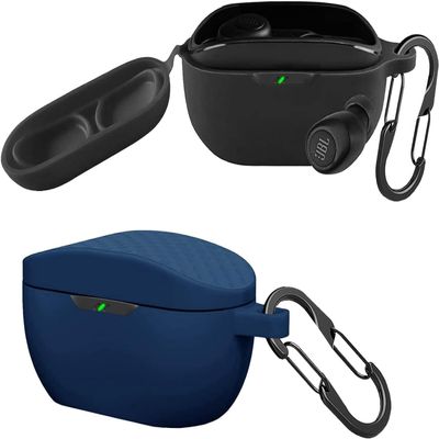 [2 Pack] easyBee Case Compatible with JBL Vibe Buds 2 / JBL Vibe Buds Bluetooth Headphone Charging Cover with 2 Keychain, Soft Liquid Silicone Ultra Thin Shockproof Protective Kit - Black Blue