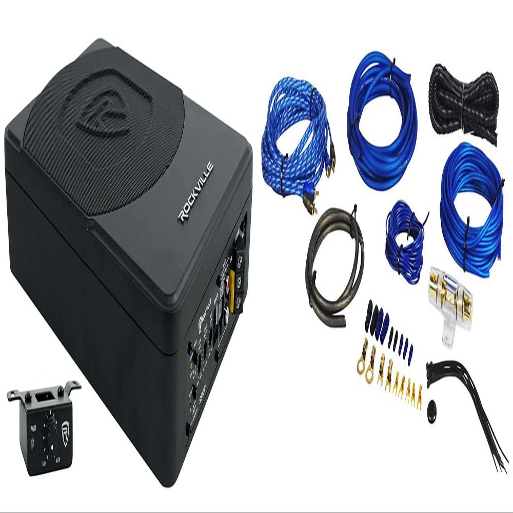 Rockville Car Audio Bundle: SS10P 10" 800w Slim Under-Seat Active Subwoofer, Compact Design, RWK81 8-Gauge Complete Amp Installation Kit, 100% Copper RCA, 2-Items