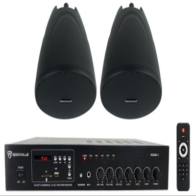 Rockville RCS80-1 Bundle: 60-Watt 70V Commercial/Restaurant Amplifier Bluetooth Receiver, (2) PEN-40T 4 in Black Pendant Speakers for Bar/Cafe, 3-Items