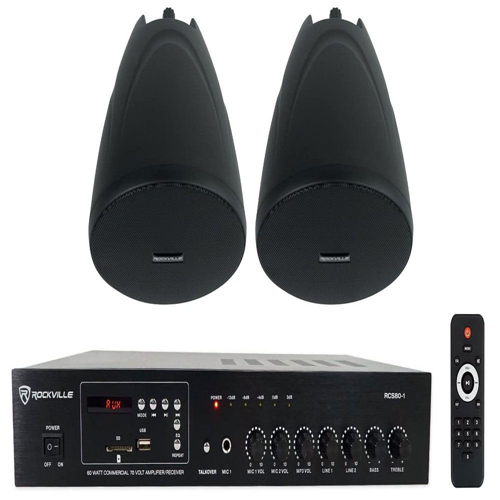 Rockville RCS80-1 Bundle: 60-Watt 70V Commercial/Restaurant Amplifier Bluetooth Receiver, (2) PEN-40T 4 in Black Pendant Speakers for Bar/Cafe, 3-Items