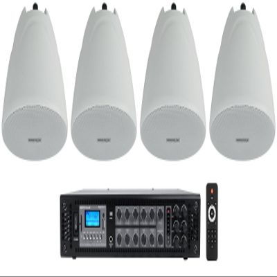 Rockville RCS180-6 Bundle: 180-Watt 6 Zone 70V Commercial Bluetooth Amplifier, (4) PEN-40T White 4 in Hanging Pendant Speakers for Bar Cafe, 5-Items