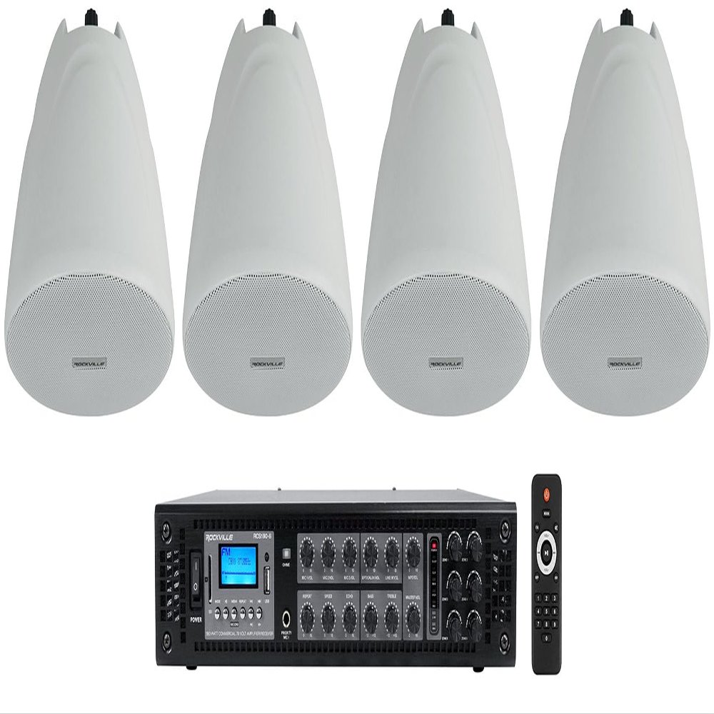 Rockville RCS180-6 Bundle: 180-Watt 6 Zone 70V Commercial Bluetooth Amplifier, (4) PEN-40T White 4 in Hanging Pendant Speakers for Bar Cafe, 5-Items