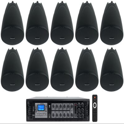 Rockville RCS350-6 Bundle: Commercial 6-Zone 350W 70V Amplifier w/Bluetooth, (10) PEN-40T 4-in Hanging Pendant Speakers Black for Bar/Cafe, 11-Items