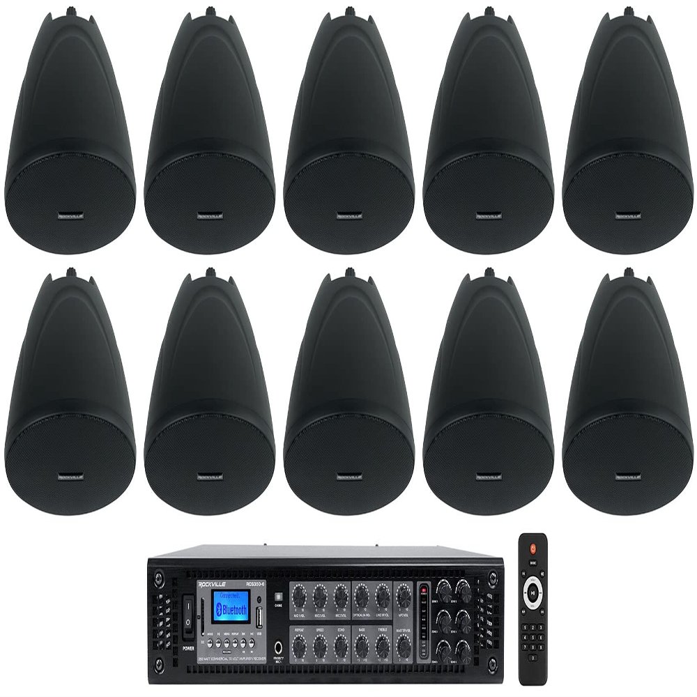 Rockville RCS350-6 Bundle: Commercial 6-Zone 350W 70V Amplifier w/Bluetooth, (10) PEN-40T 4-in Hanging Pendant Speakers Black for Bar/Cafe, 11-Items