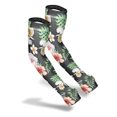 FARMER'S DEFENSE Gardening Arm Sleeves|UV Cooling Protective Sleeve Women & Men|Anti-Scratch Cover Sun UPF Outdoor Protection - Tropical Flowers - S/M