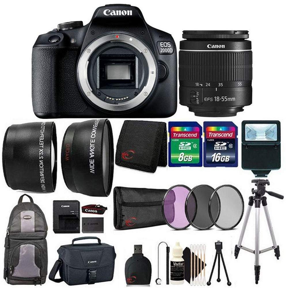 Canon EOS 2000D / Rebel T7 Digital SLR Camera Kit with EF-S 18-55mm III Lens + Backpack and Canon 100es Bag + Top Value Accessory Bundle (Renewed)