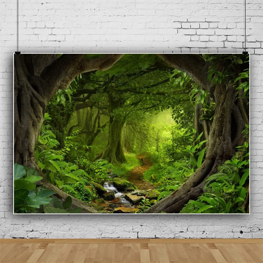 10x6.5ft Vinyl Spring Fairy Enchanted Forest Photography Backdrop Green Dreamland Jungle Forest Background for Photography Safari Wild One Adventure Theme Birthday Baby Shower Backdrop for Photoshoot