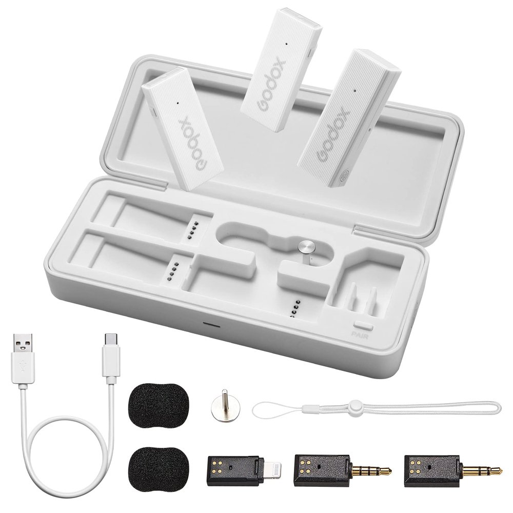GODOX 2025 Latest Model Movelink Mini LT Kit Wireless Microphone System, 2.4GHz Lavalier Mic 100m(328ft.) Range with Charging Case for iPhone, Camera, Vlogger, Youtuber, Interviewer(White)