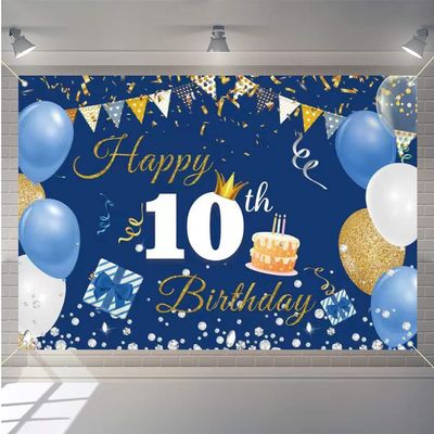 10th Birthday Decorations Backdrop Banner for Boys/Girls Happy 10 Years Old Fabric Sign Poster, Blue Photography Background 10th Birthday Party Supplies, 59"x35.4"