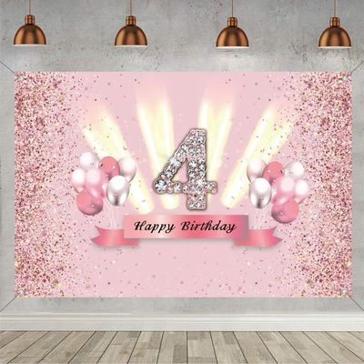 4th Birthday Decorations for Girls Happy 4th Birthday Backdrop Banner Party Deco Girl 4 Years Old Anniversary Party Fabric Sign Poster Pink Photo Background 4th Birthday Party Supplies, 59"x35.4"