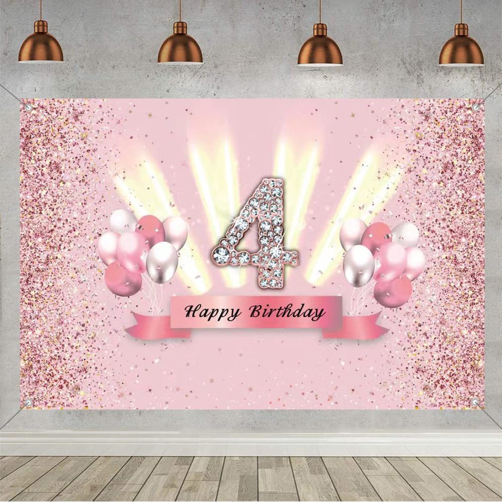 4th Birthday Decorations for Girls Happy 4th Birthday Backdrop Banner Party Deco Girl 4 Years Old Anniversary Party Fabric Sign Poster Pink Photo Background 4th Birthday Party Supplies, 59"x35.4"