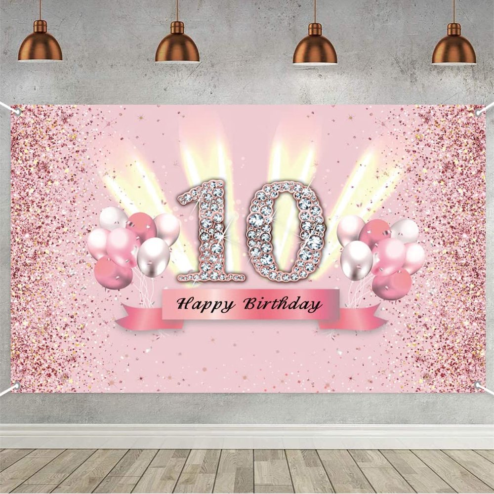 10th Birthday Decorations for Girls Happy 10th Birthday Backdrop Banner Party Deco Girl 10 Years Old Anniversary Par ty Fabric Sign Poster Pink Photo Background Part y Supplies, 59"x35.4"