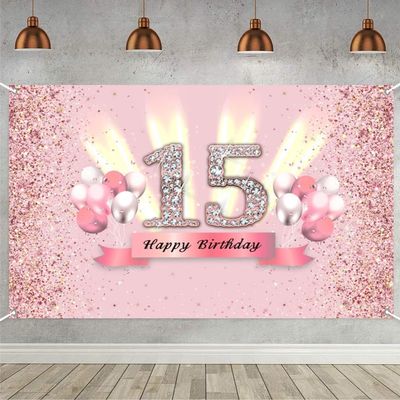 15th Birthday Decorations for Girls 15 Years Old Anniversary Party Fabric Sign Poster Pink Photo Background 15th Birthday Party Supplies, 59"x35.4"