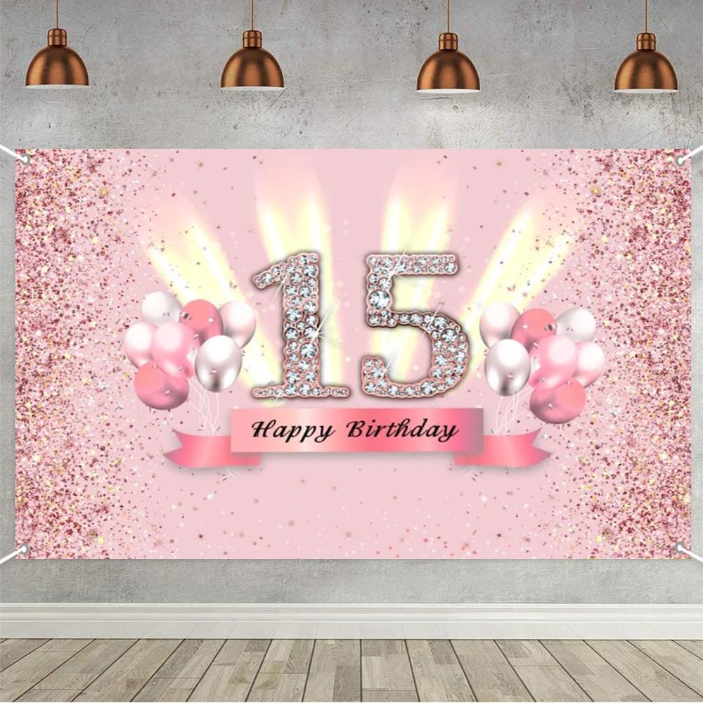 15th Birthday Decorations for Girls 15 Years Old Anniversary Party Fabric Sign Poster Pink Photo Background 15th Birthday Party Supplies, 59"x35.4"