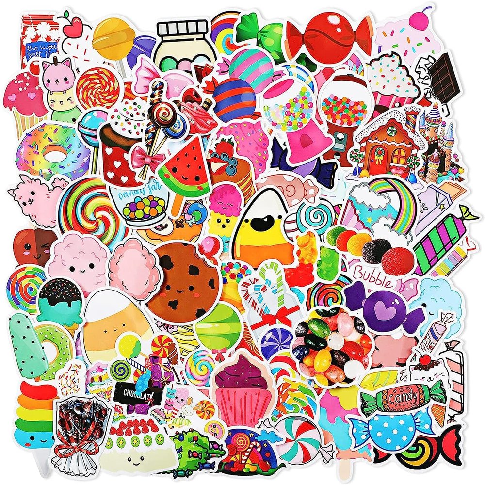 100 Cute Sweets Stickers - Sweet Treats Candy, Ice Cream Donuts Cupcake Stickers - Waterproof Vinyl Decals for Laptop, Water Bottle, Skateboard, Luggage, Party Decoration, Craft