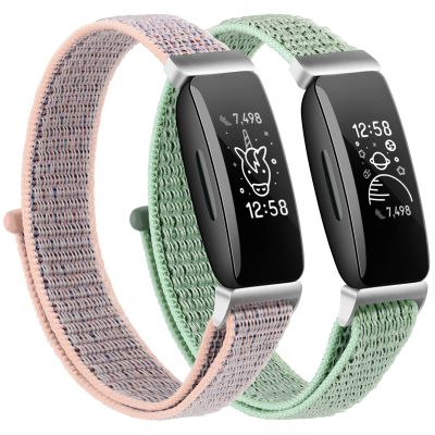 2 Pack Nylon Ace 3 Bands Compatible with Fitbit Ace 3 Straps - Soft Skin-Friendly Breathable Colorful Ace 3 Bands for Watch Band Wrist Strap Bracelet Accessories (Green+Pink Sand)