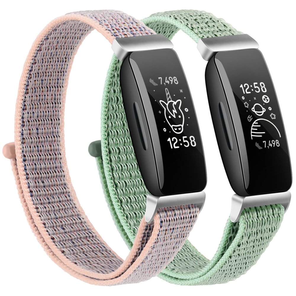 2 Pack Nylon Ace 3 Bands Compatible with Fitbit Ace 3 Straps - Soft Skin-Friendly Breathable Colorful Ace 3 Bands for Watch Band Wrist Strap Bracelet Accessories (Green+Pink Sand)