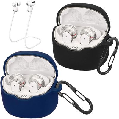[2 Pack] easyBee Case Compatible with JBL Tune Flex Bluetooth Headphone Charging Cover, with 2 Keychain and 2 Anti-Lost Strap, Soft Liquid Silicone Ultra Thin Shockproof Protective Kit - Black Blue